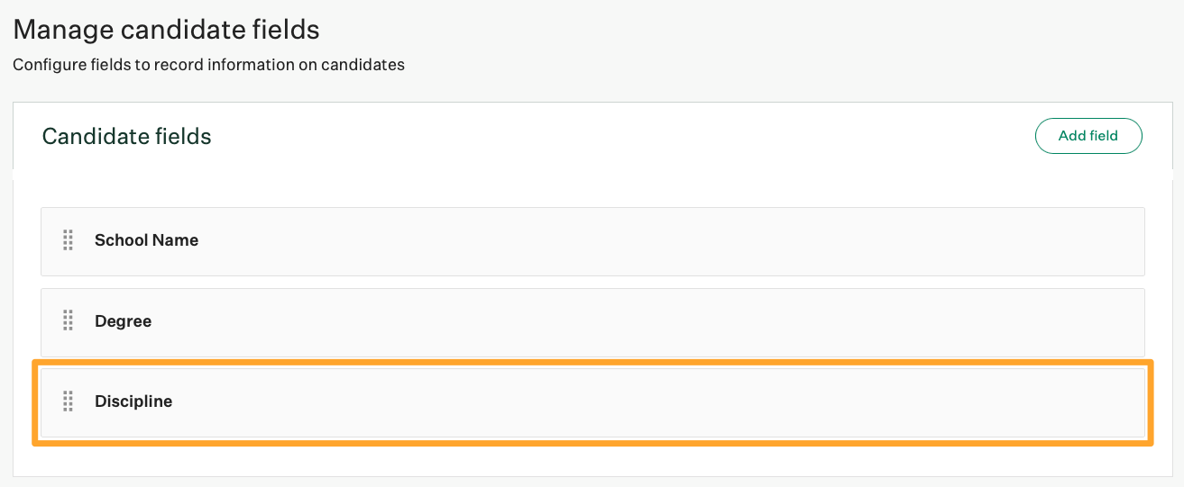 Example candidate custom fields are shown with Discipline highlighted in marigold