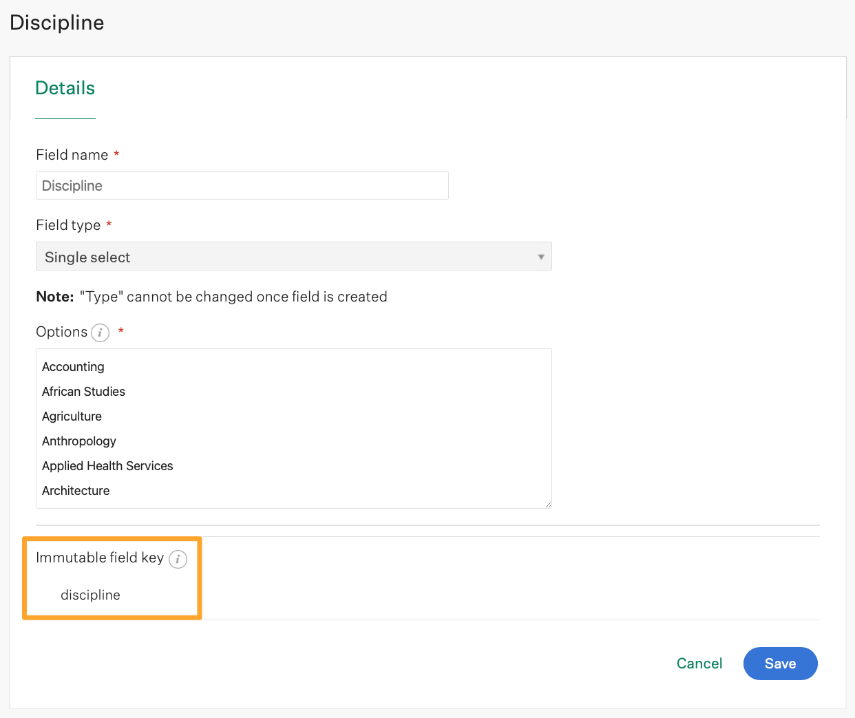 An example immutable field key named discipline is highlighted on the custom candidate field