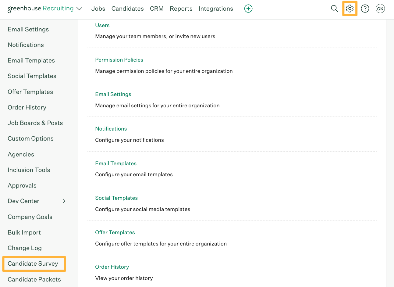 The Configure page with orange boxes around the Configure icon and the Candidate Survey menu option.png