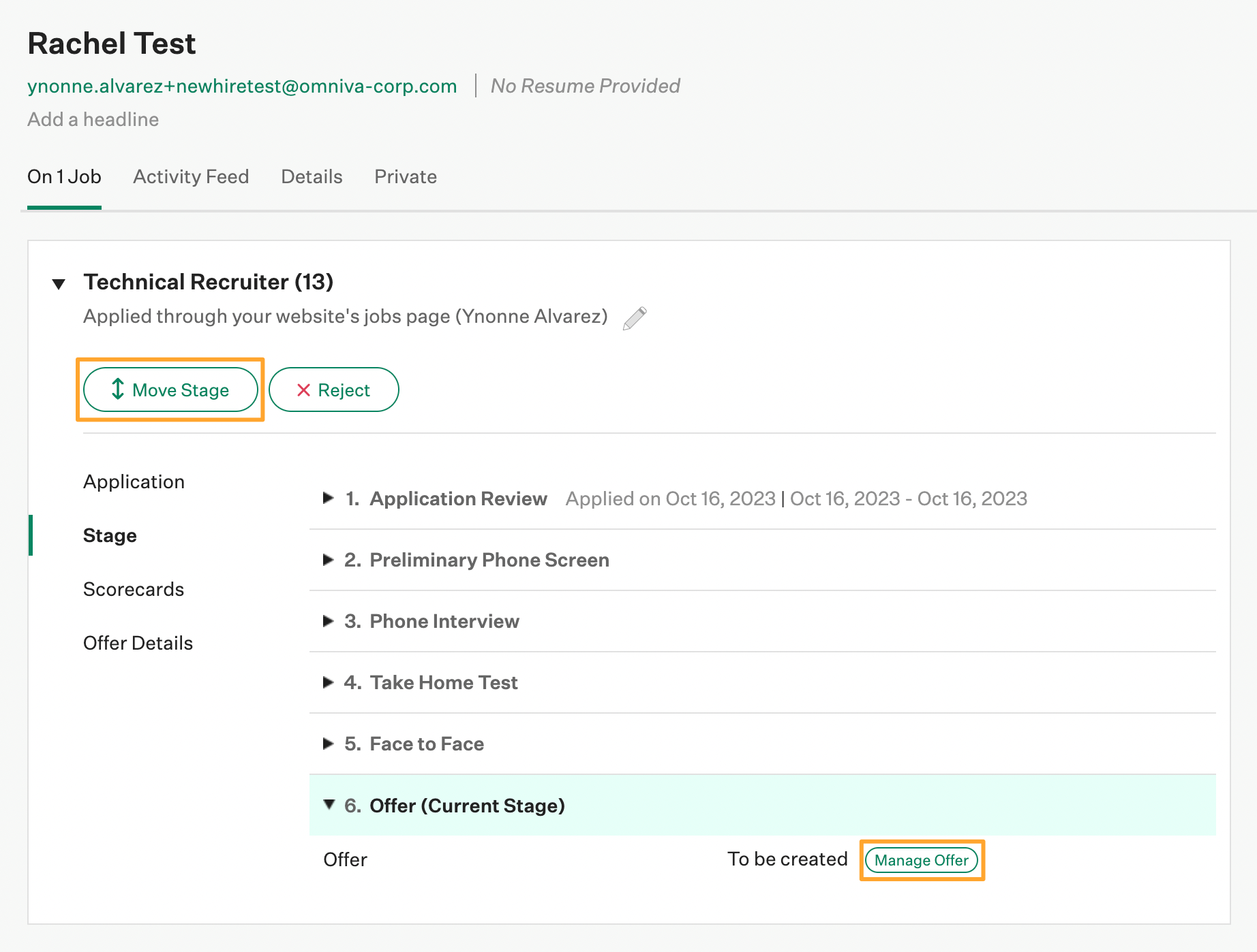 Test candidate profile in Greenhouse Recruiting moved to the Offer Stage