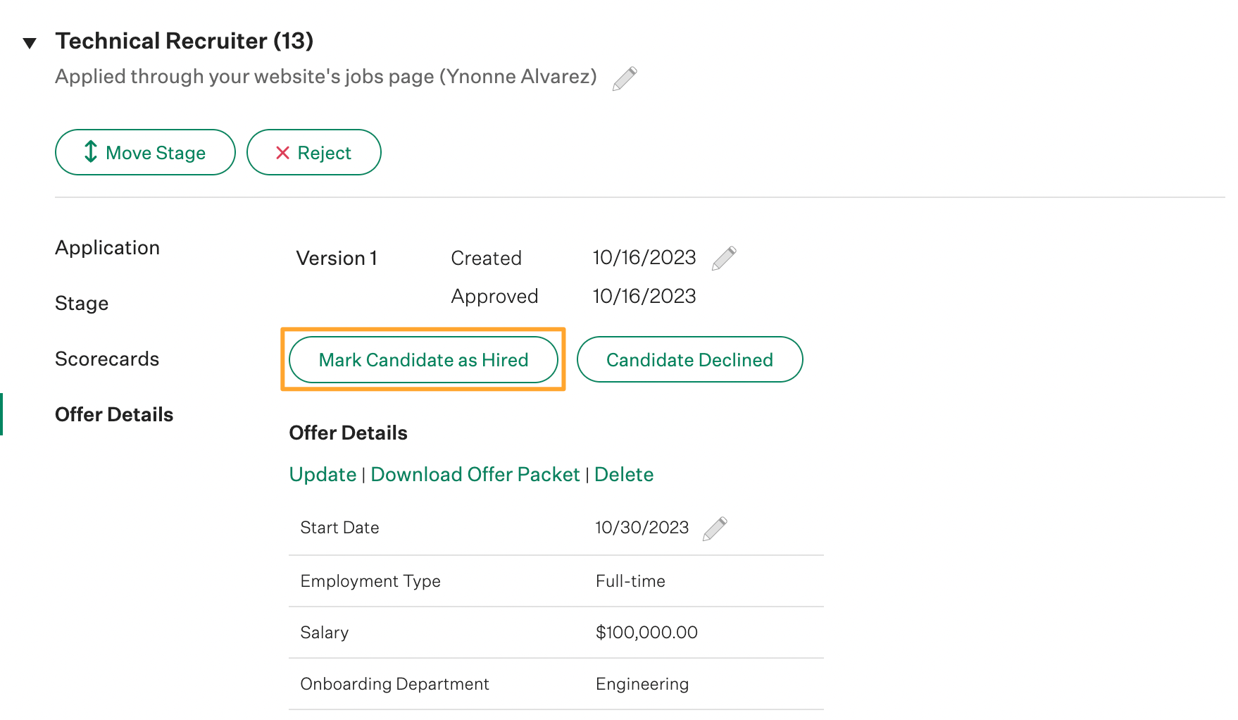 Test candidate profile in Greenhouse Recruiting after offer with Mark Candidate as Hired button highlighted
