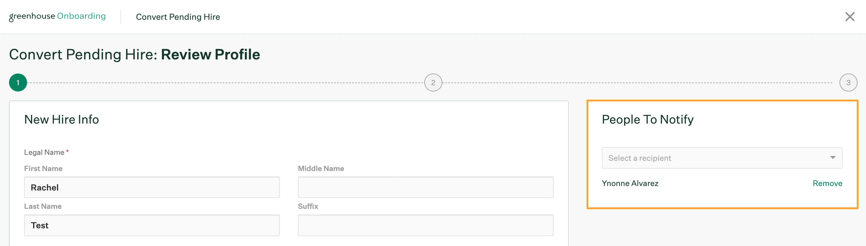 Onboarding a pending hire with People to Notify section highlighted and employee selected