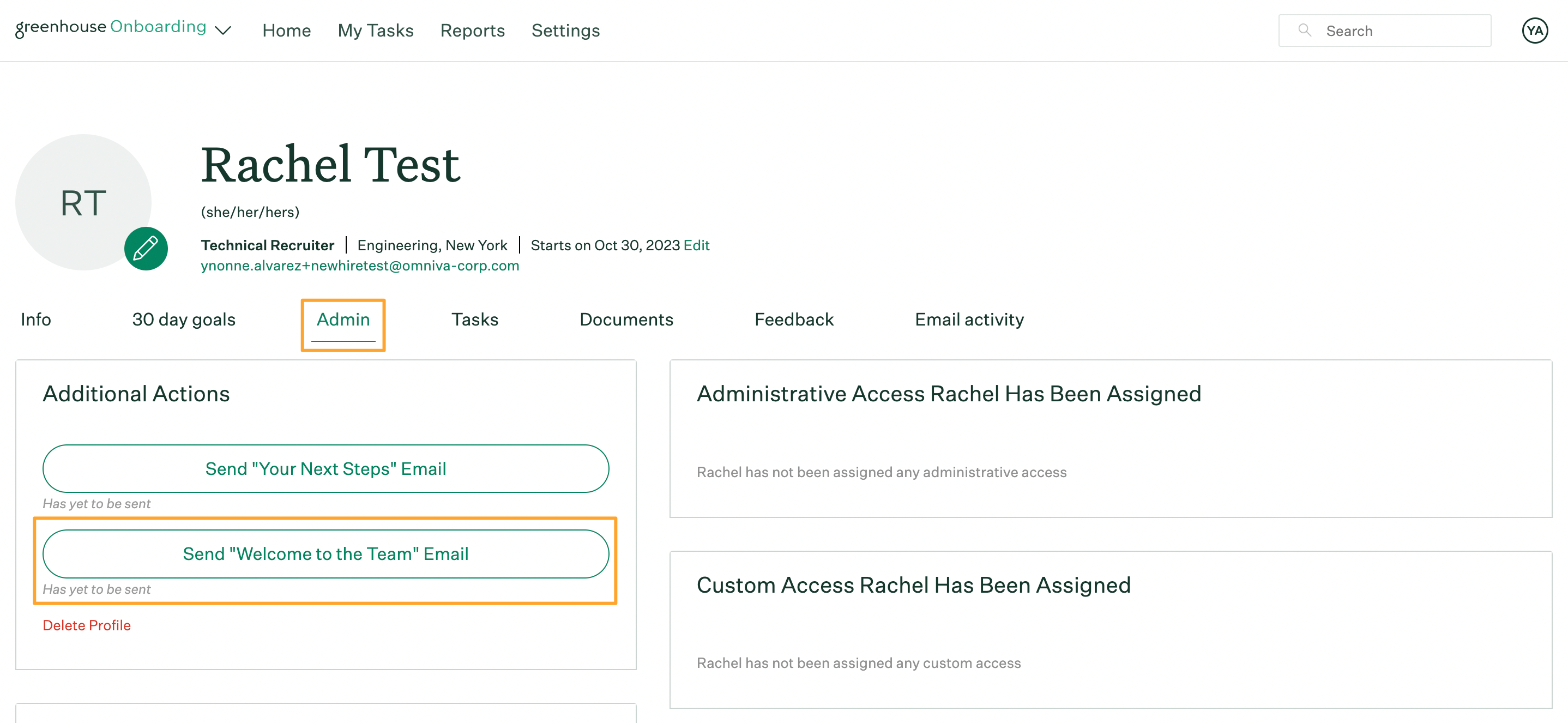 Test hire employee profile in Greenhouse Onboarding with Admin tab opened and Send Welcome to the Team Email button highlighted