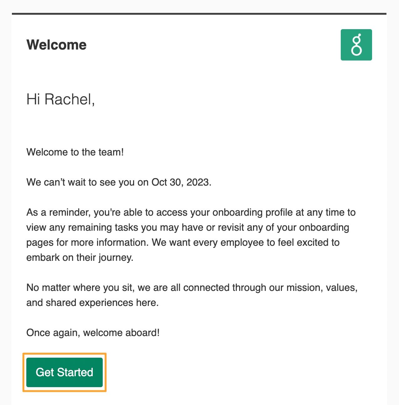 Welcome to the team email with Get Started button highlighted