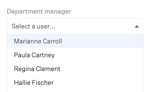 Example of a custom job field with the field type user displaying during the create a job process