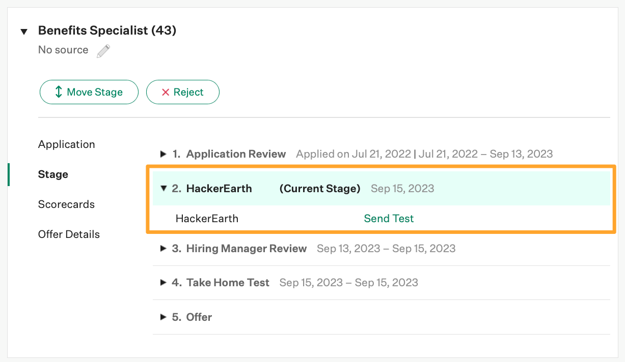 The HackerEarth integration stage shows the Send Test button