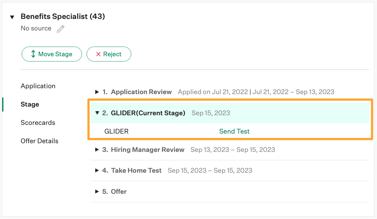 The GLIDER integration shows the Send Test button on the Glider stage in Greenhouse Recruiting