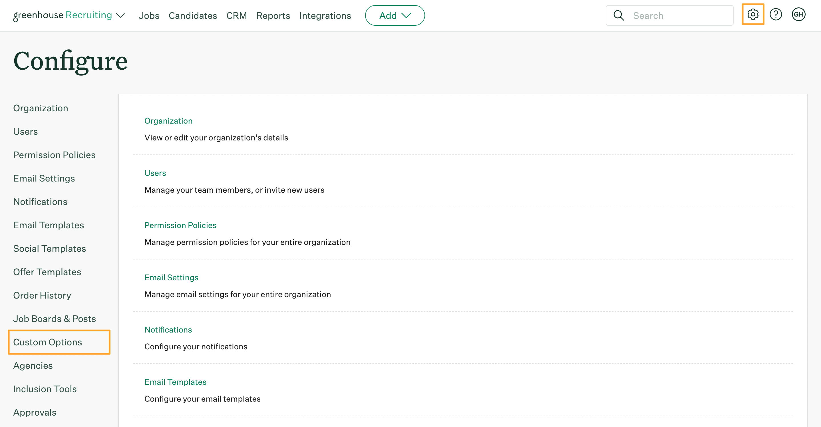 Configure page in Greenhouse Recruiting with Configure button and Custom Options button highlighted