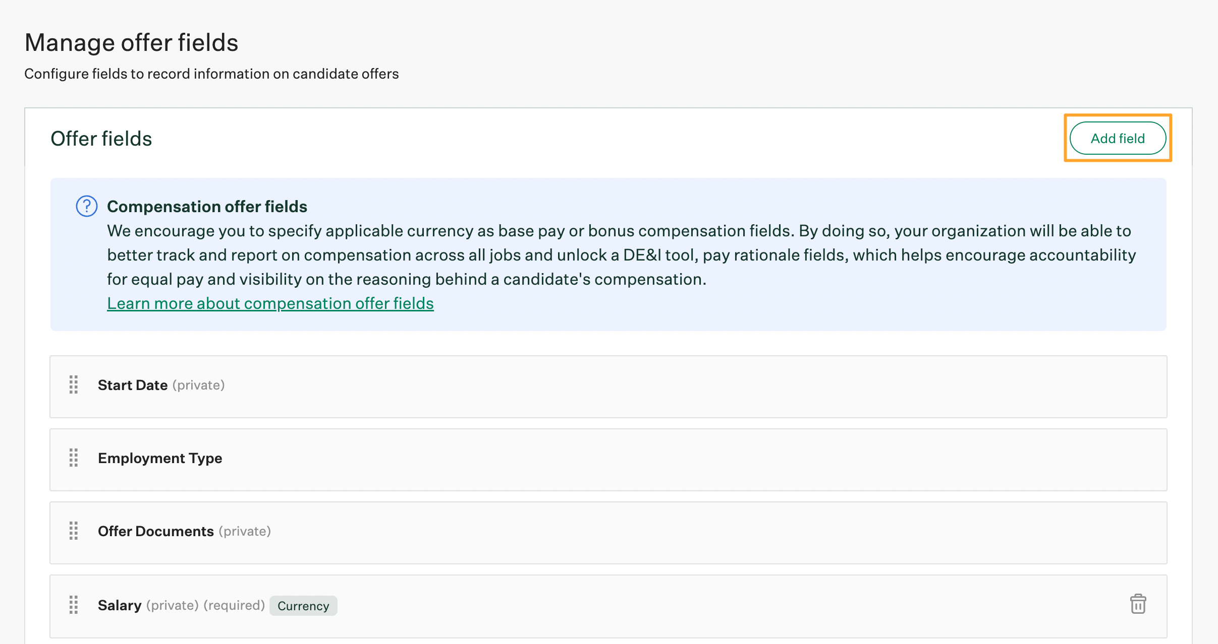 Manage offer fields page in Greenhouse Recruiting with Add field button highlighted