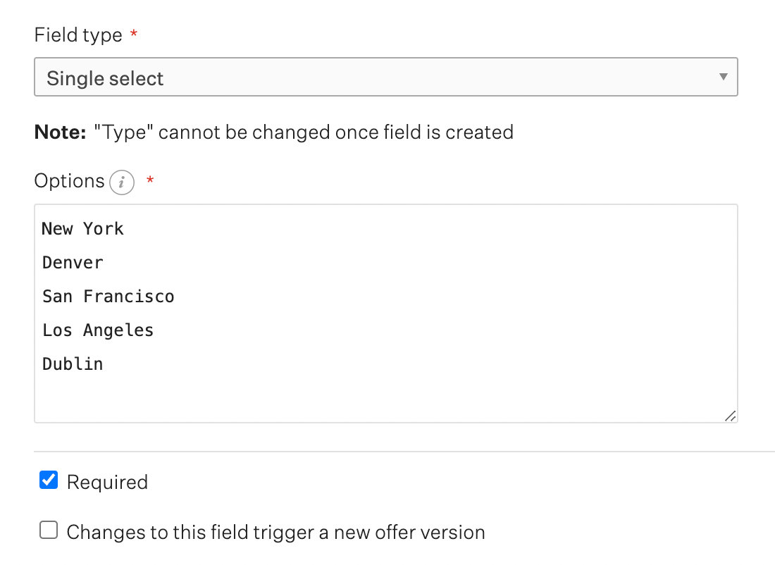 New offer field creation with single select field type and location options listed