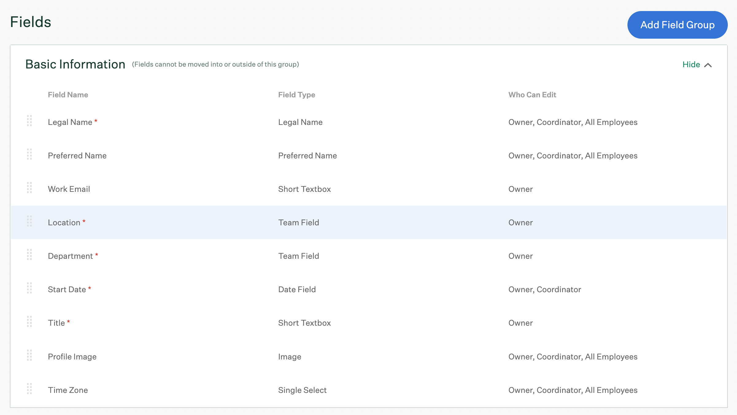 Basic Information fields in Greenhouse Onboarding settings with Location field highlighted