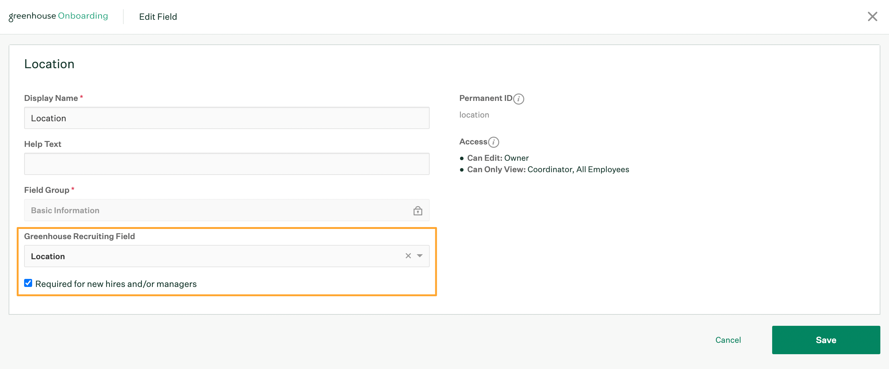 Edit Location field window in Greenhouse Onboarding with Greenhouse Recruiting field dropdown and custom offer field selected and highlighted