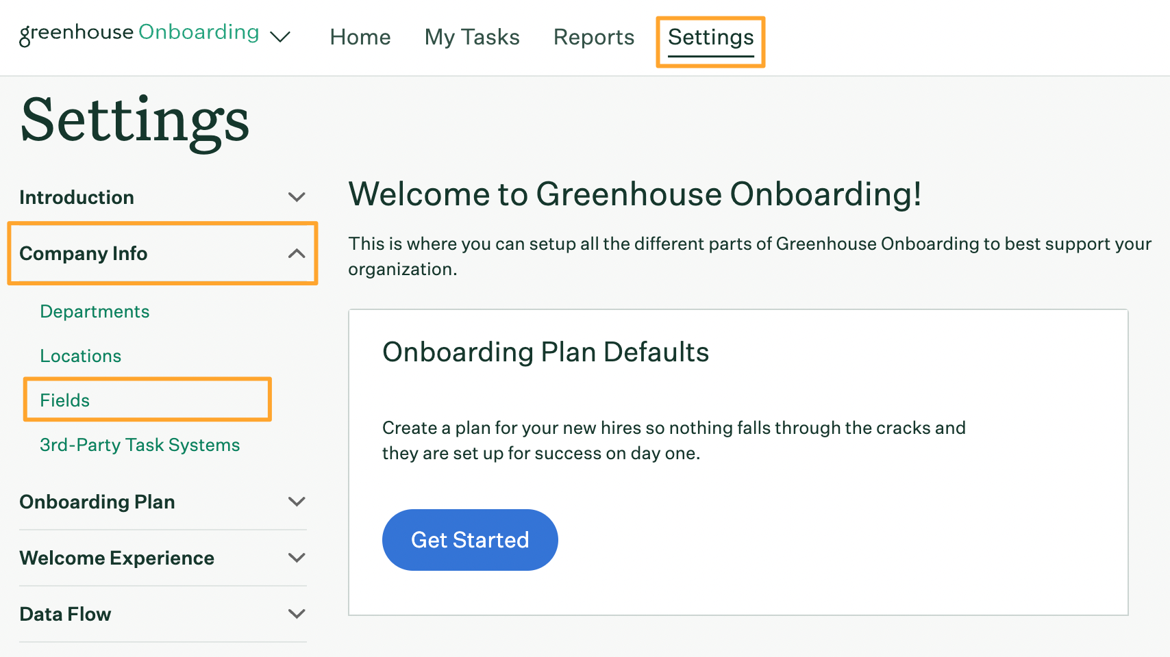 Greenhouse Onboarding Settings page with Company Info and Fields buttons highlighted