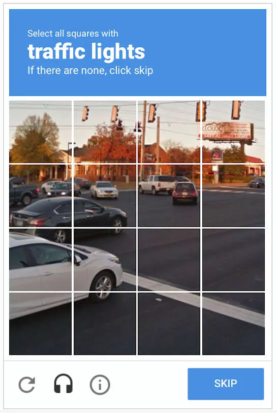 Recaptcha test showing the question 'select all squares with traffic lights'.png