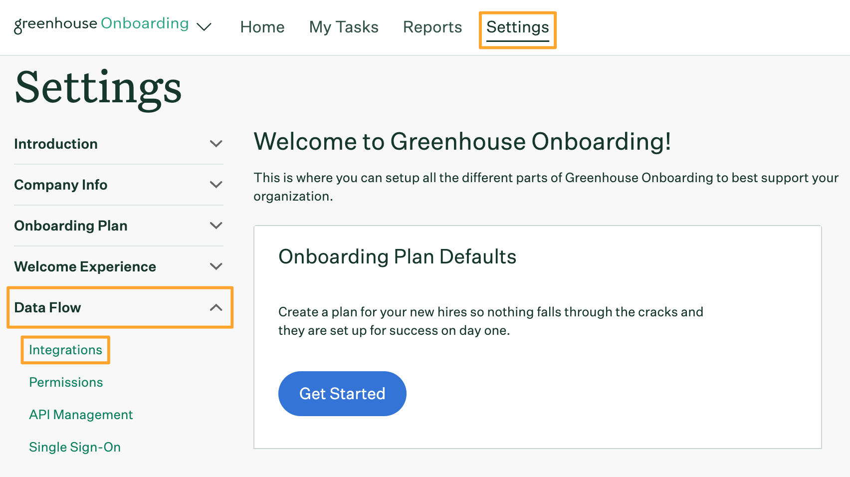 Greenhouse Onboarding Settings page with Data Flow and Integration tabs highlighted