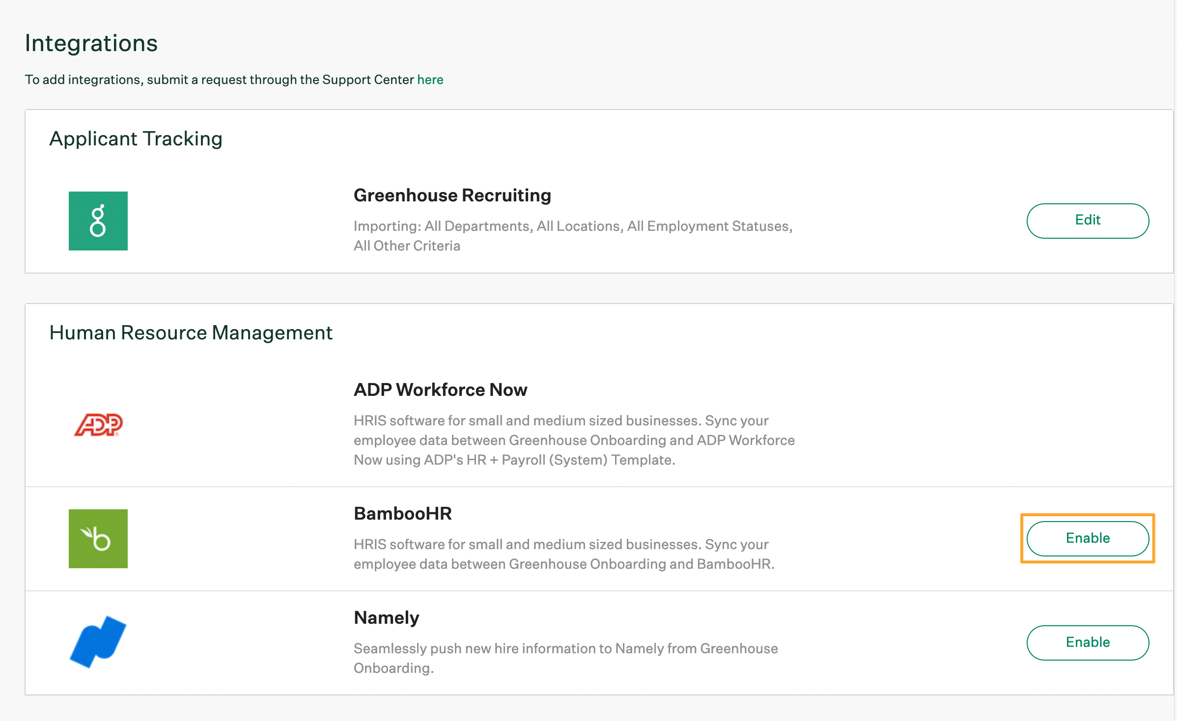 Greenhouse Onboarding Integrations page with Enable button for BambooHR highlighted