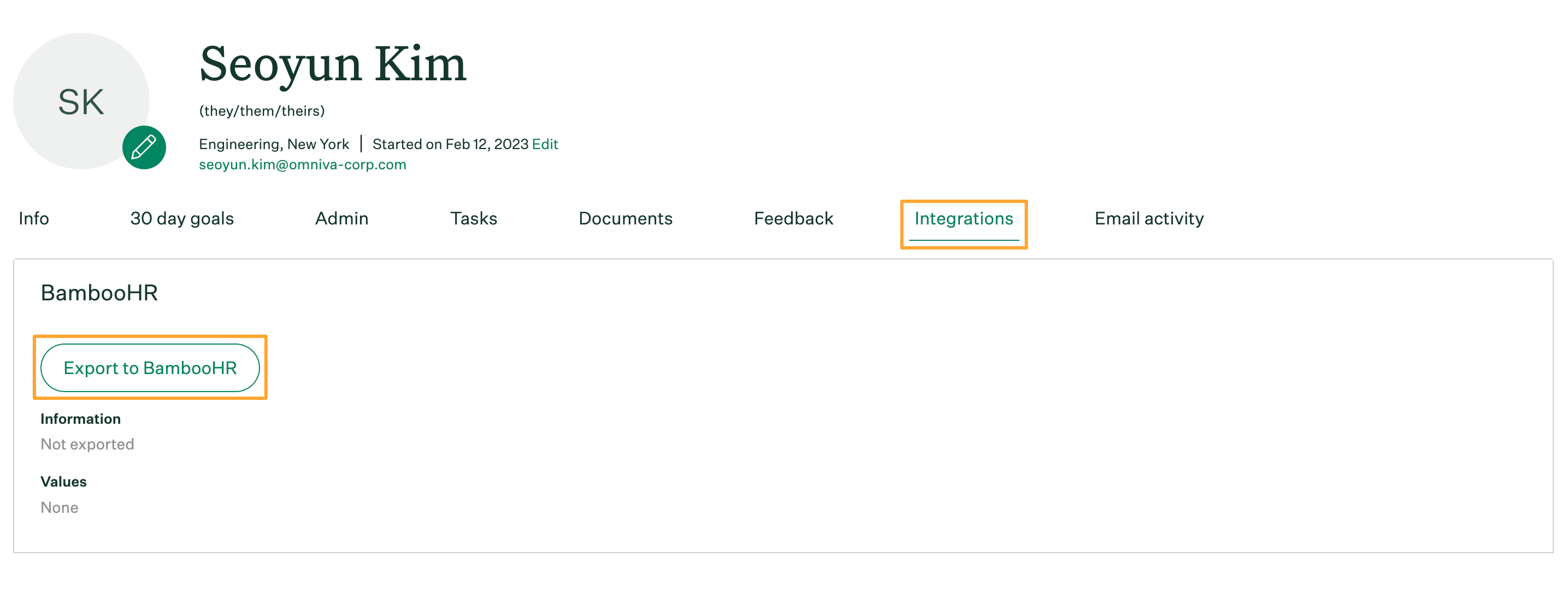 Employee profile integrations tab with Export to BambooHR button highlighted