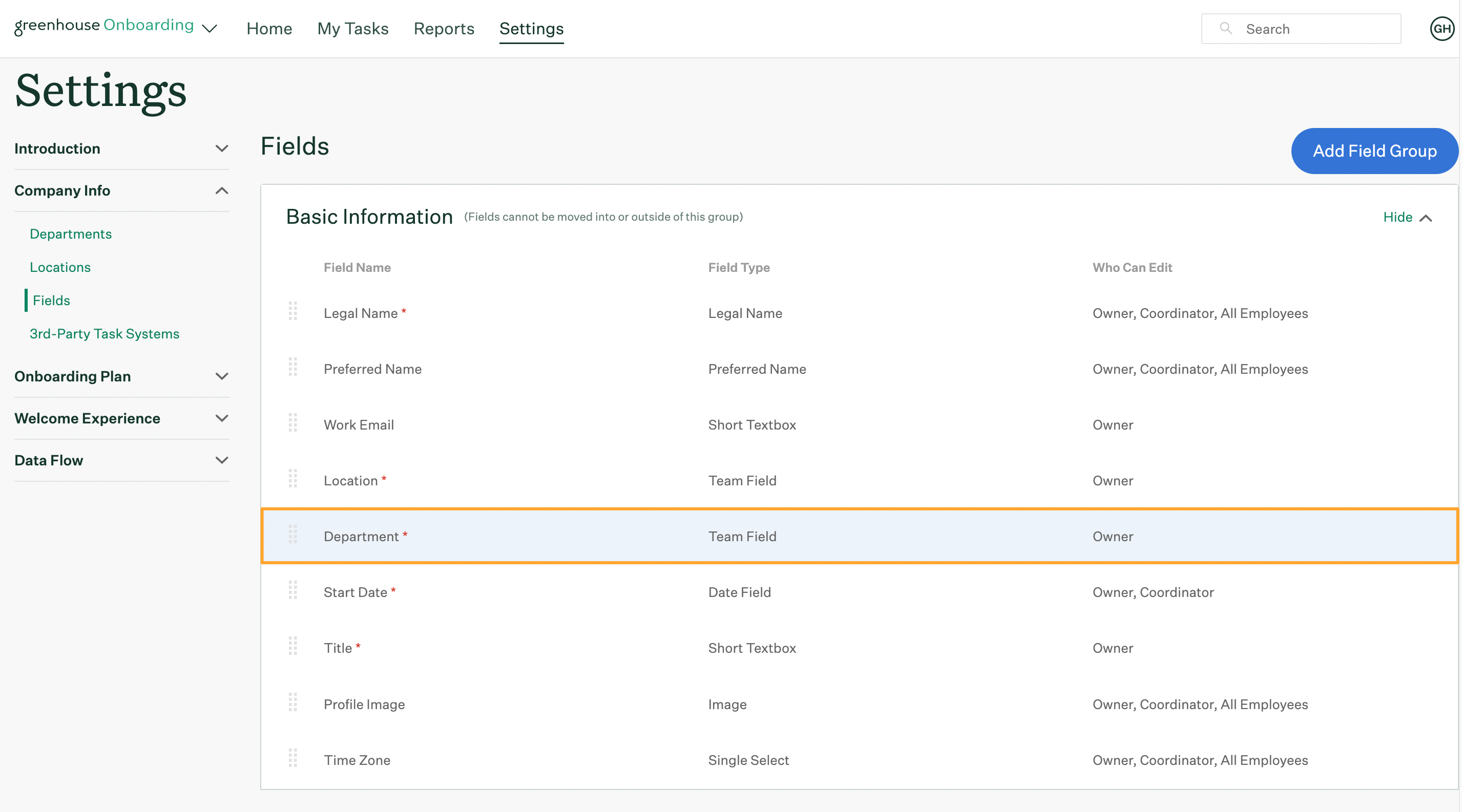 Fields page in Greenhouse Onboarding Settings with Department field highlighted