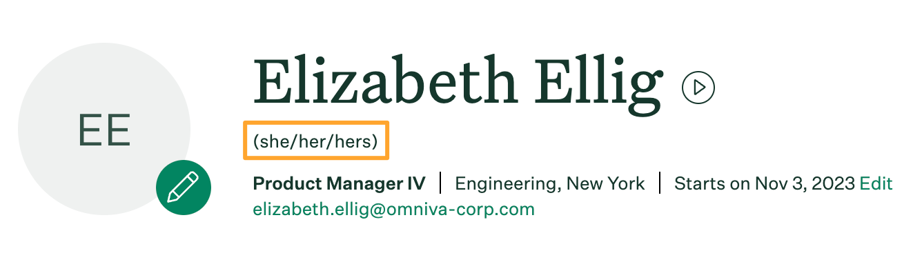 Employee profile header with personal pronouns highlighted