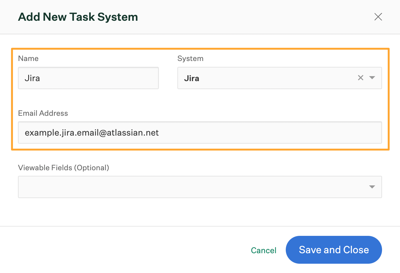 Add New Task System window in Greenhouse Onboarding with Jira selected and name and email address filled out