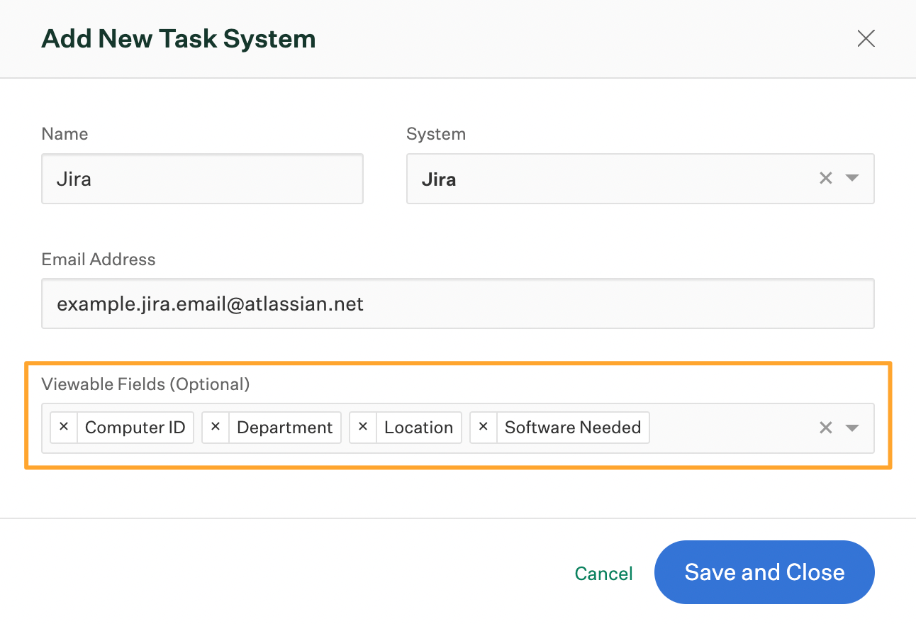 Add New Task System window in Greenhouse Onboarding with Viewable Fields configured