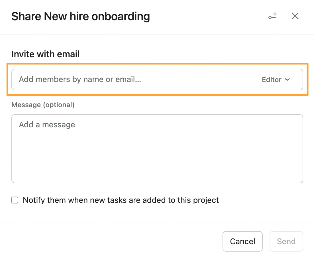 Asana Share project dialog box with email field highlighted