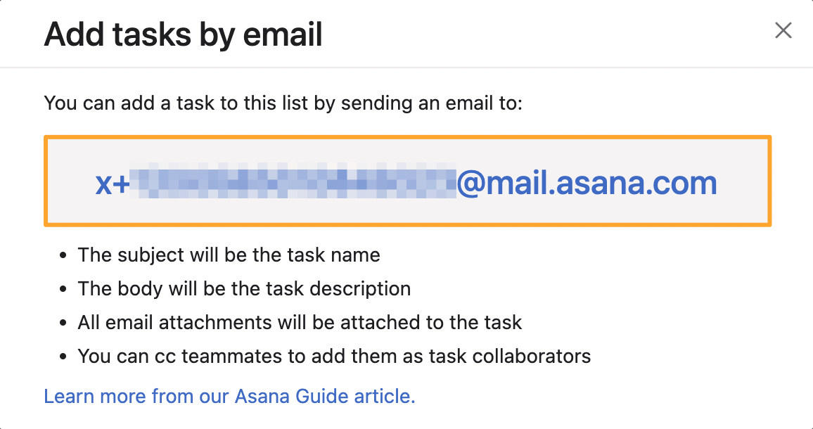Asana Add tasks by email dialog box with project email highlighted