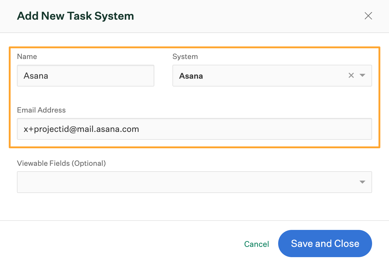 Add New Task System dialog box in Greenhouse Onboarding with Asana selected and email address pasted