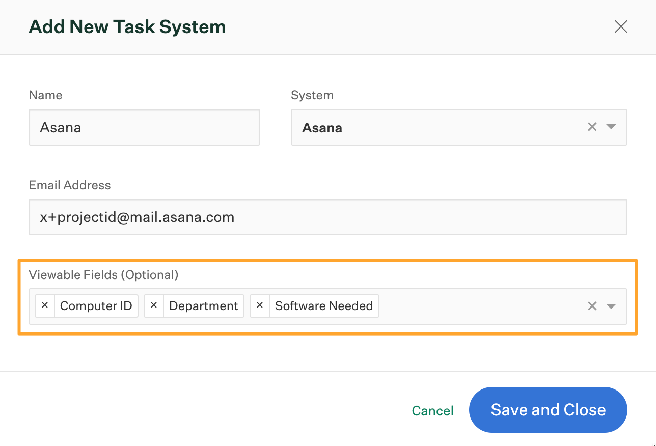 Viewable fields selected for adding new Asana task system