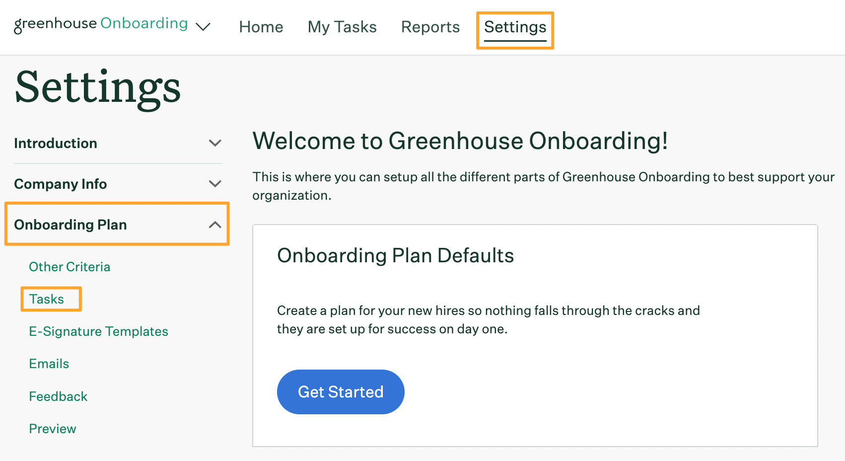Greenhouse Onboarding Settings page with Tasks tab highlighted in left panel