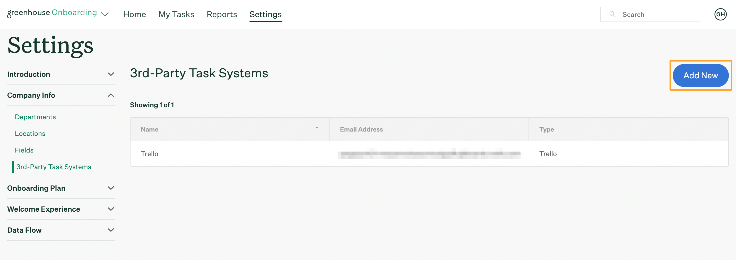 3rd party task systems page in Greenhouse Onboarding Settings with Add new button highlighted