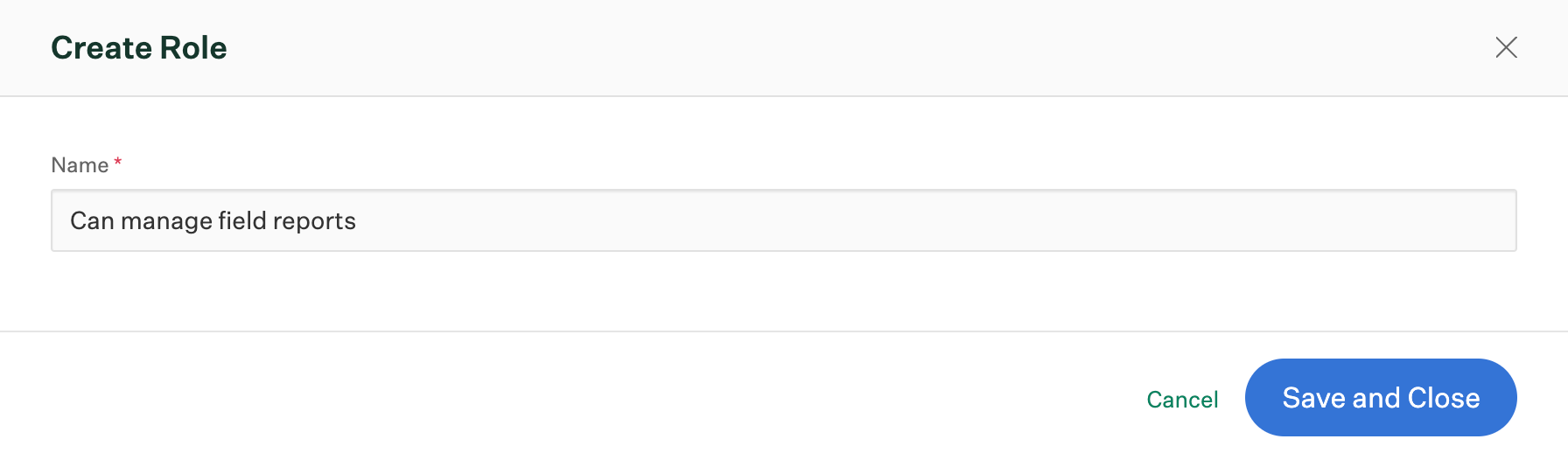 Create custom role dialog box for Can manage field reports role with name filled out