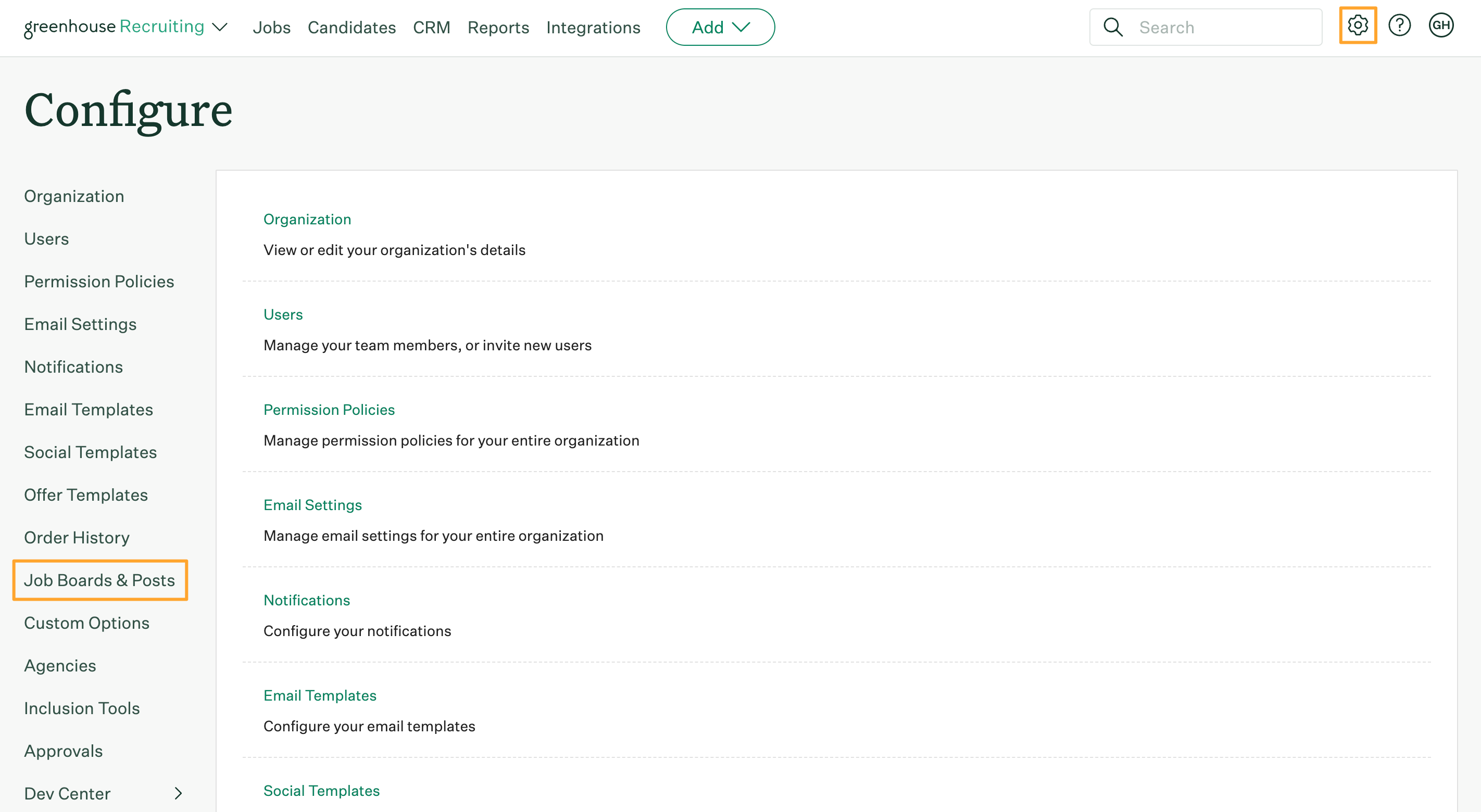 Greenhouse Recruiting Configure page with Configure button and Job Boards and Posts tab highlighted