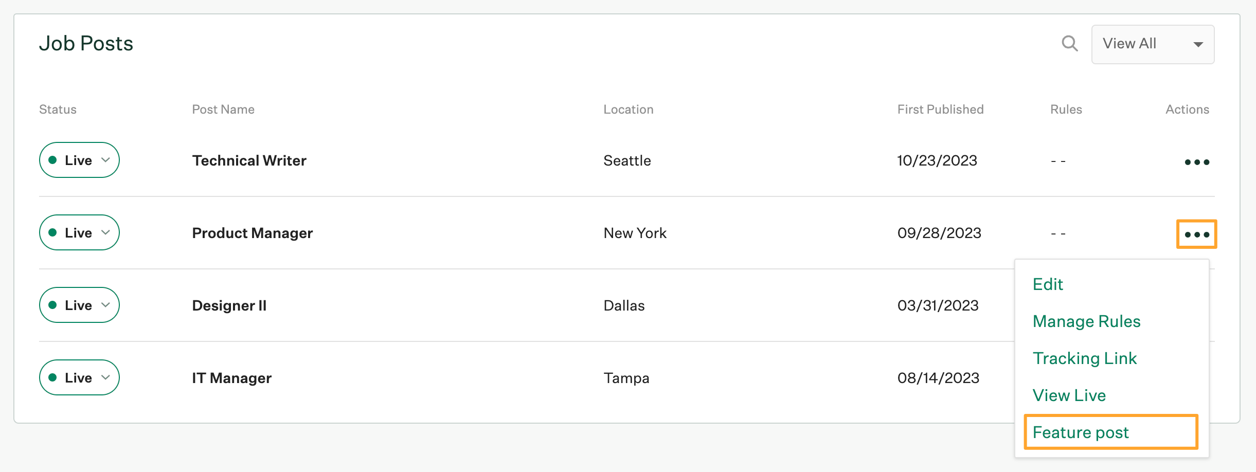 Job posts section on Configure job posts page with three dots icon and option to feature post highlighted for a Product Manager post