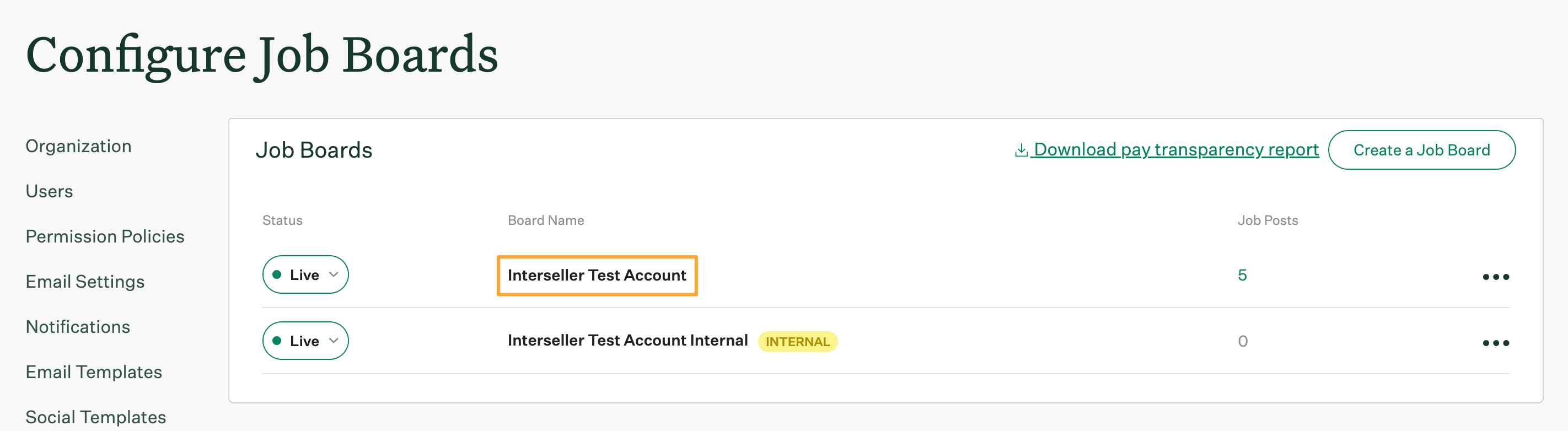 Configure job boards page with external job board highlighted to click