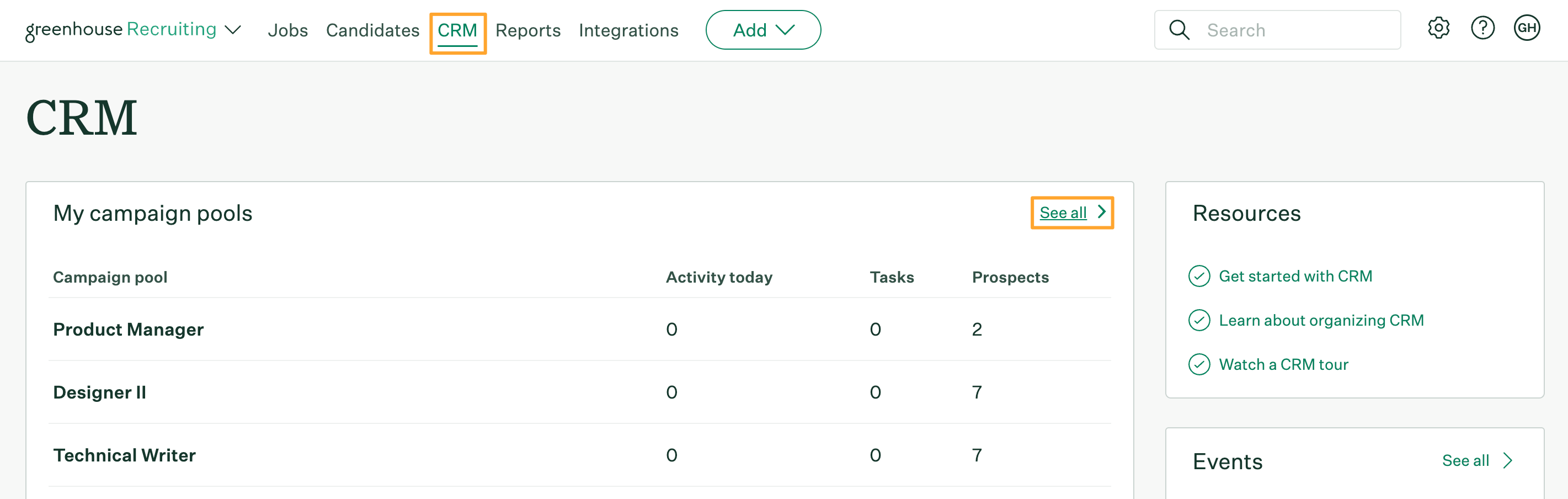 CRM page in Greenhouse Recruiting with CRM button and See all button highlighted