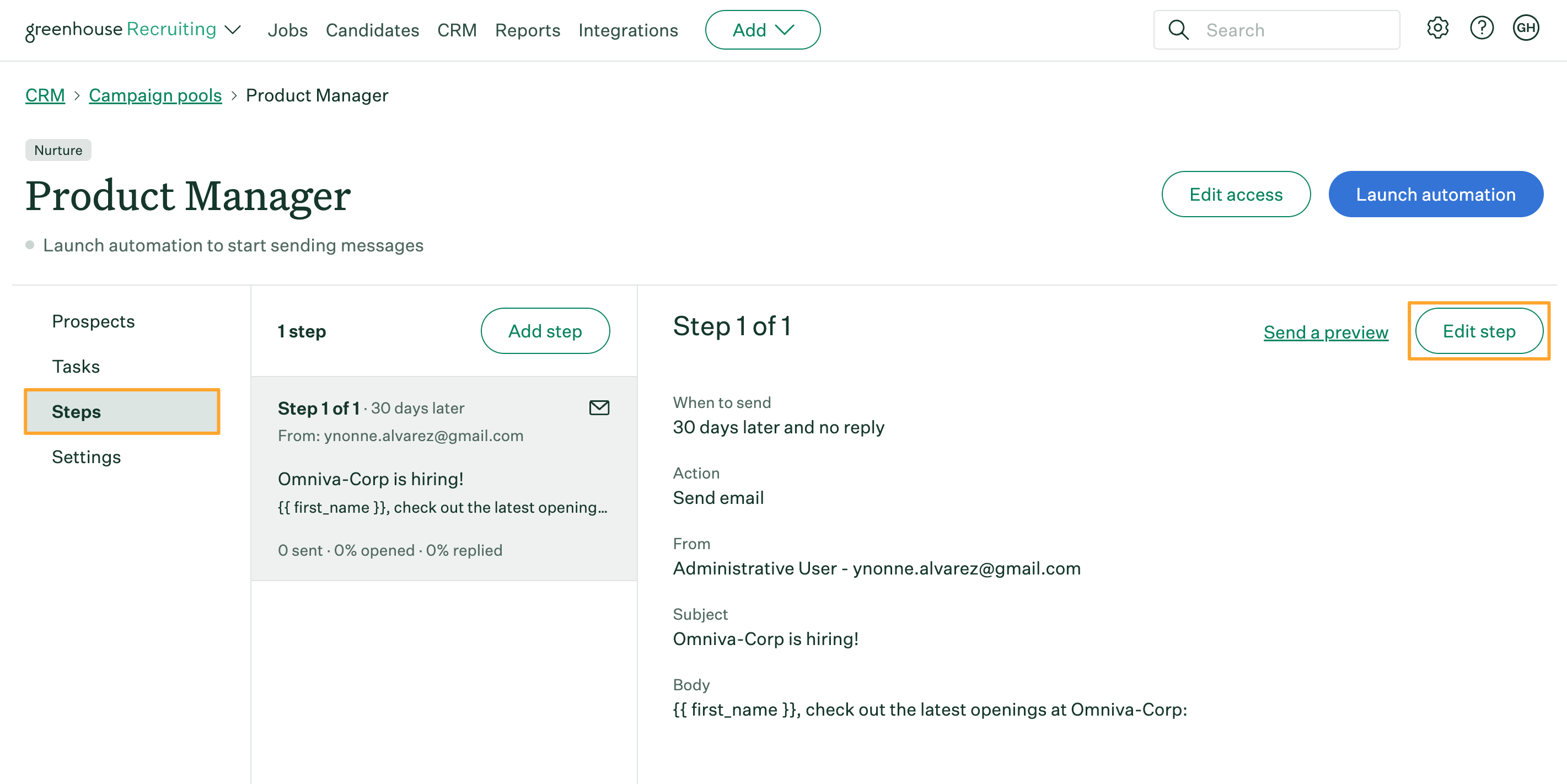 Nurture campaign opened in Greenhouse Recruiting with Steps tab highlighted and Edit step button highlighted