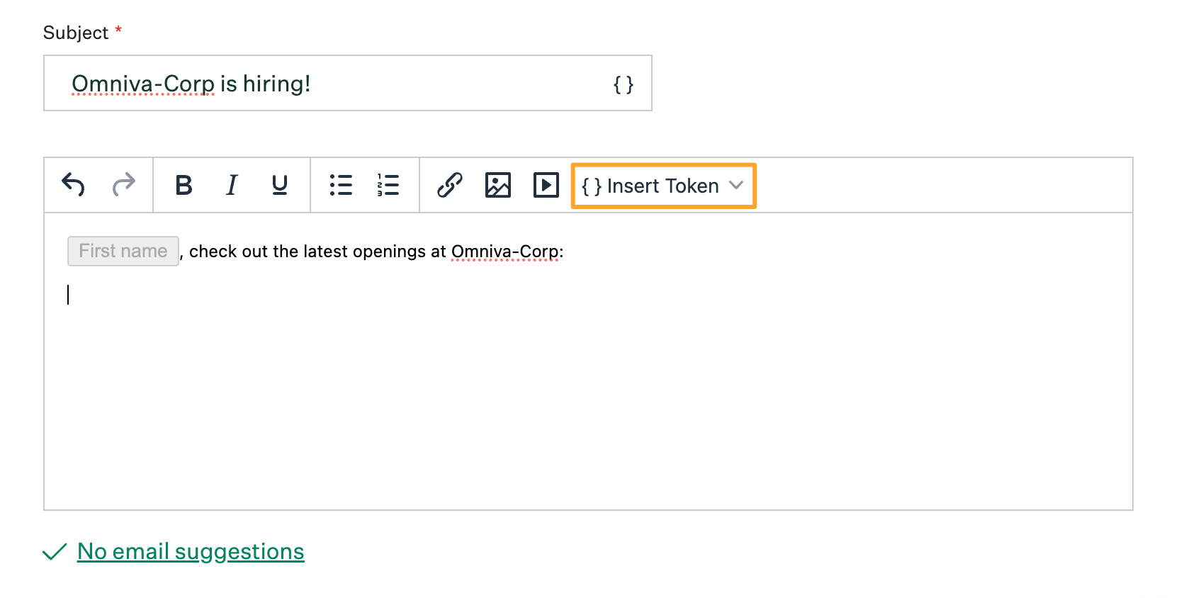 Subject and body fields in Nurture campaign step editor with Insert Token button highlighted