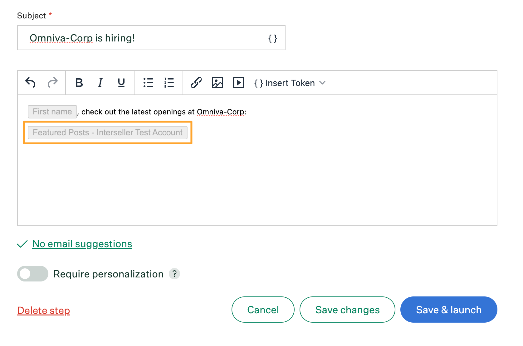 Body field in nurture campaign step editor with featured job post token inserted and highlighted