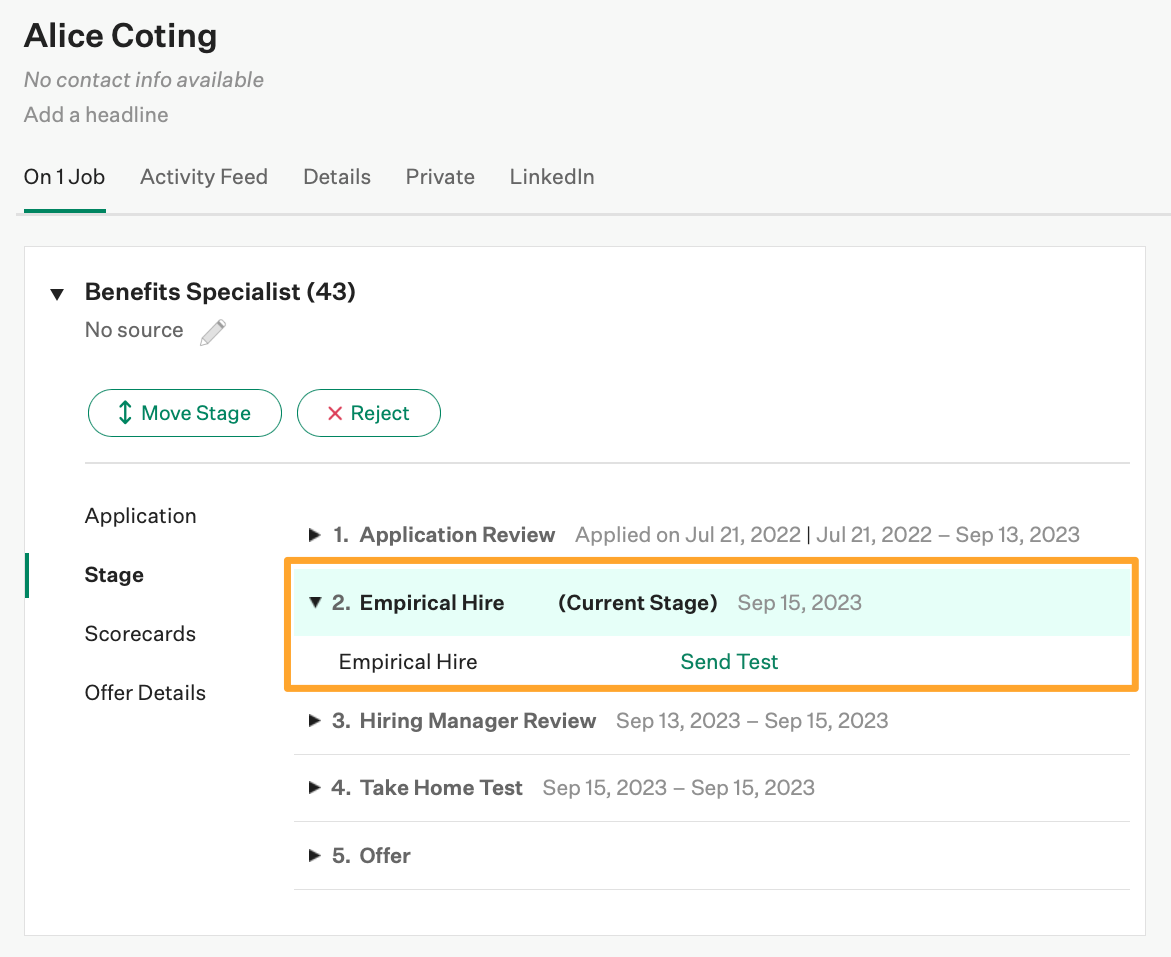 An example candidate named Alice Coting is shown in the Empirical Hire stage with the Send Test button highlighted in marigold