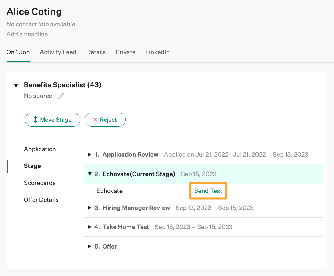 A candidate named Alice Coting is shown on the Echovate stage with the Send Test button highlighted in marigold