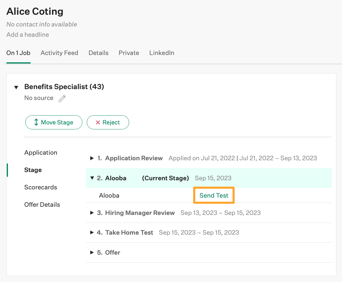 An example candidate named Alice Coting is shown on the Alooba stage with the Send test button highlighted in marigold