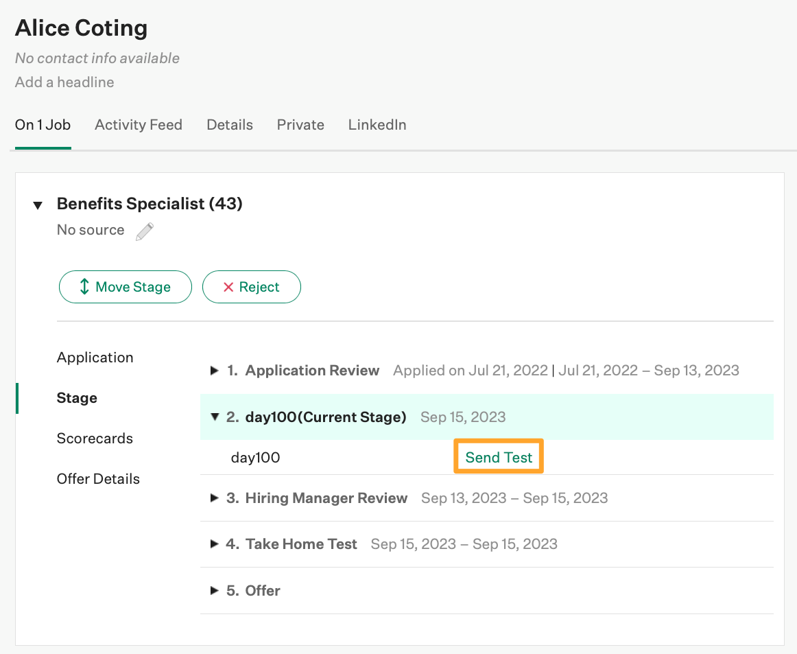 An example candidate named Alice Coting is shown in the day100 stage with the Send Test button highlighted in marigold