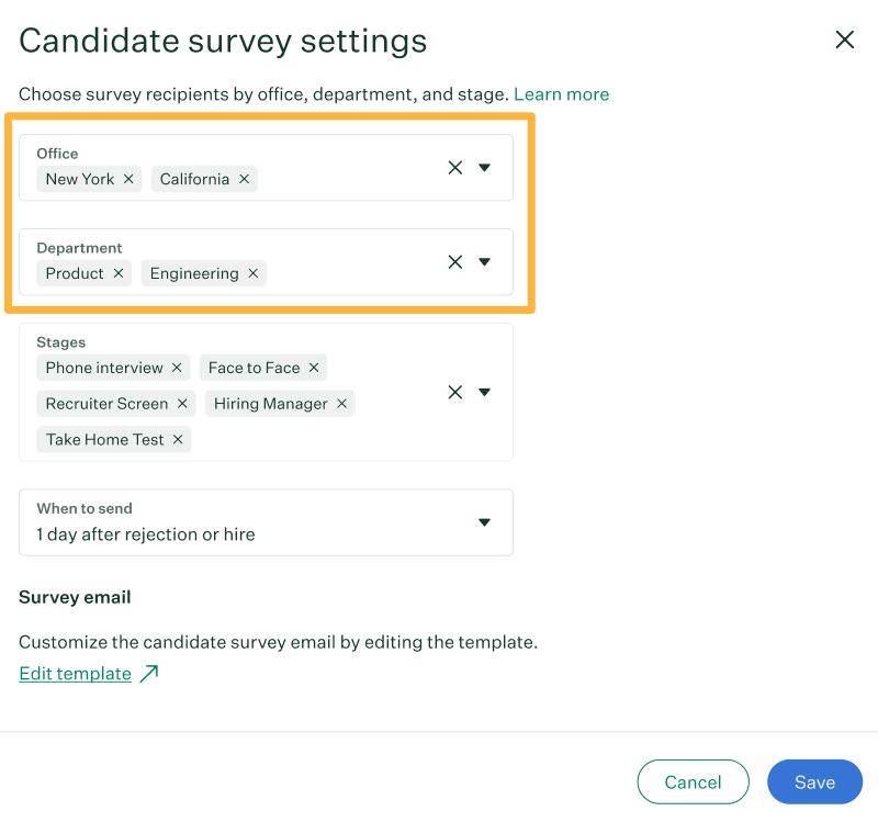 Survey settings page with an orange box around the office and department fields.png