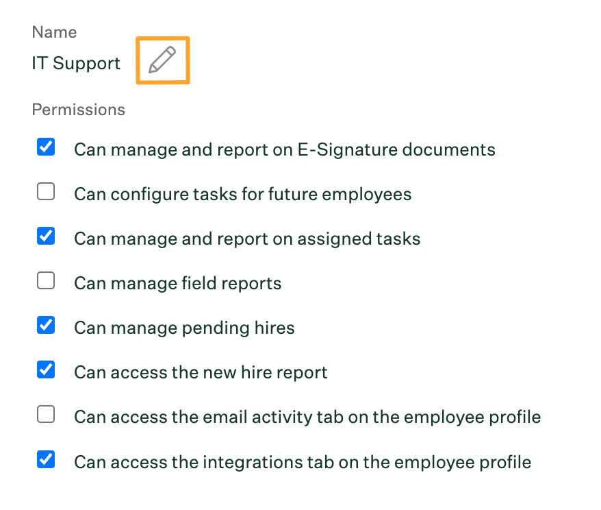 IT Support example custom access role with pencil icon for updating administrative permissions highlighted