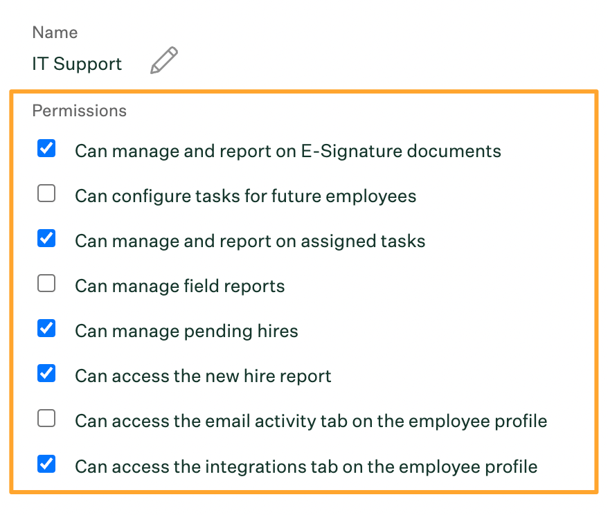 IT Support example custom access role with assigned permissions highlighted in role settings tab