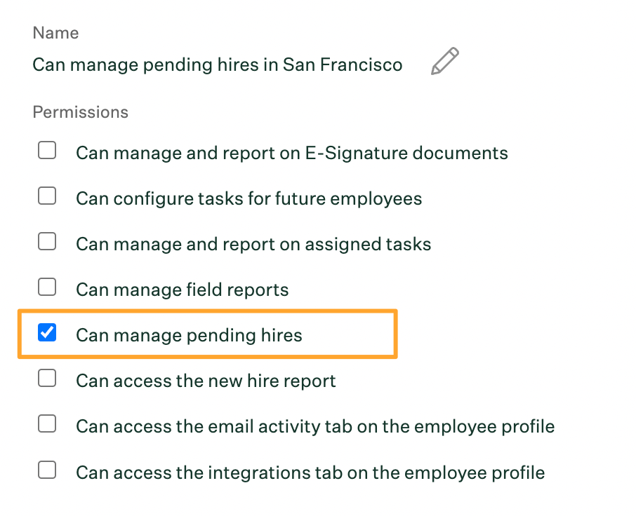 Custom role permissions settings with Can manage pending hires stripe enabled