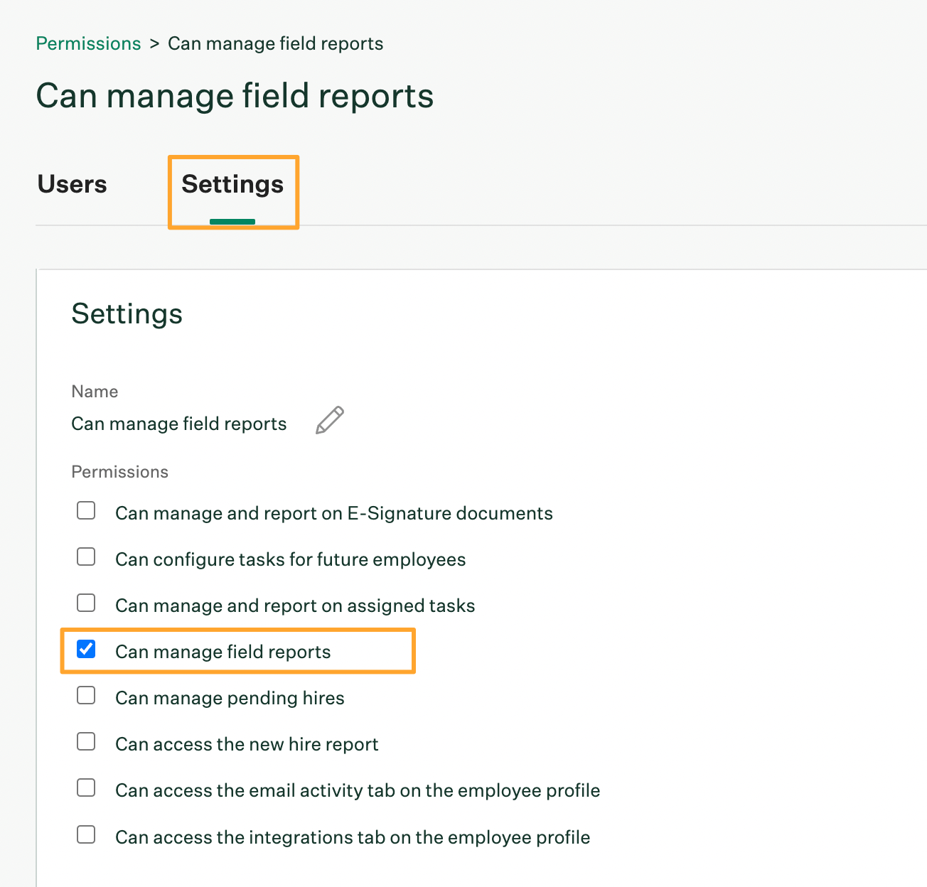 Field report custom role settings tab with Can manage field reports permission enabled