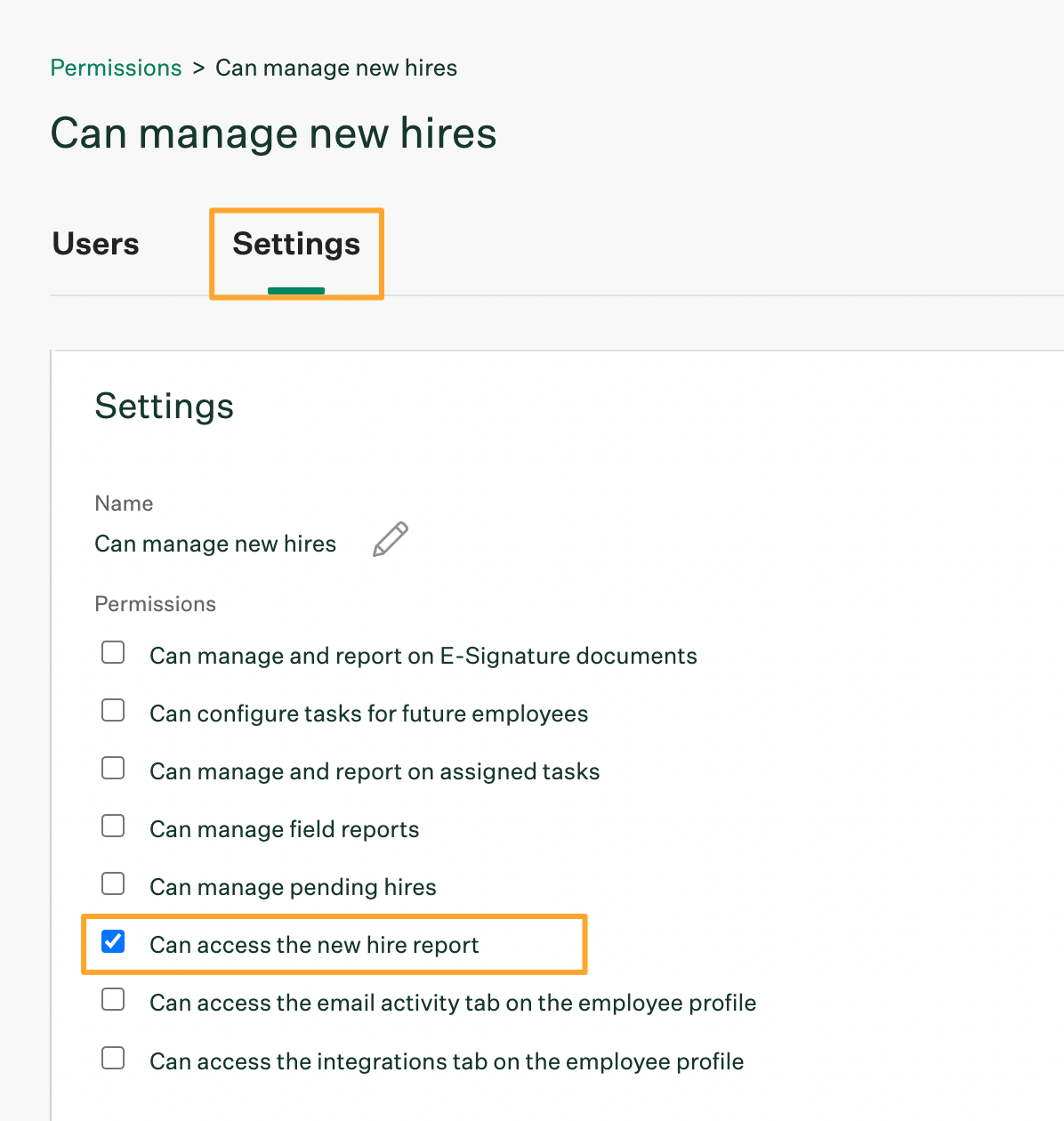 Can access the new hire report permission enabled in custom access role settings