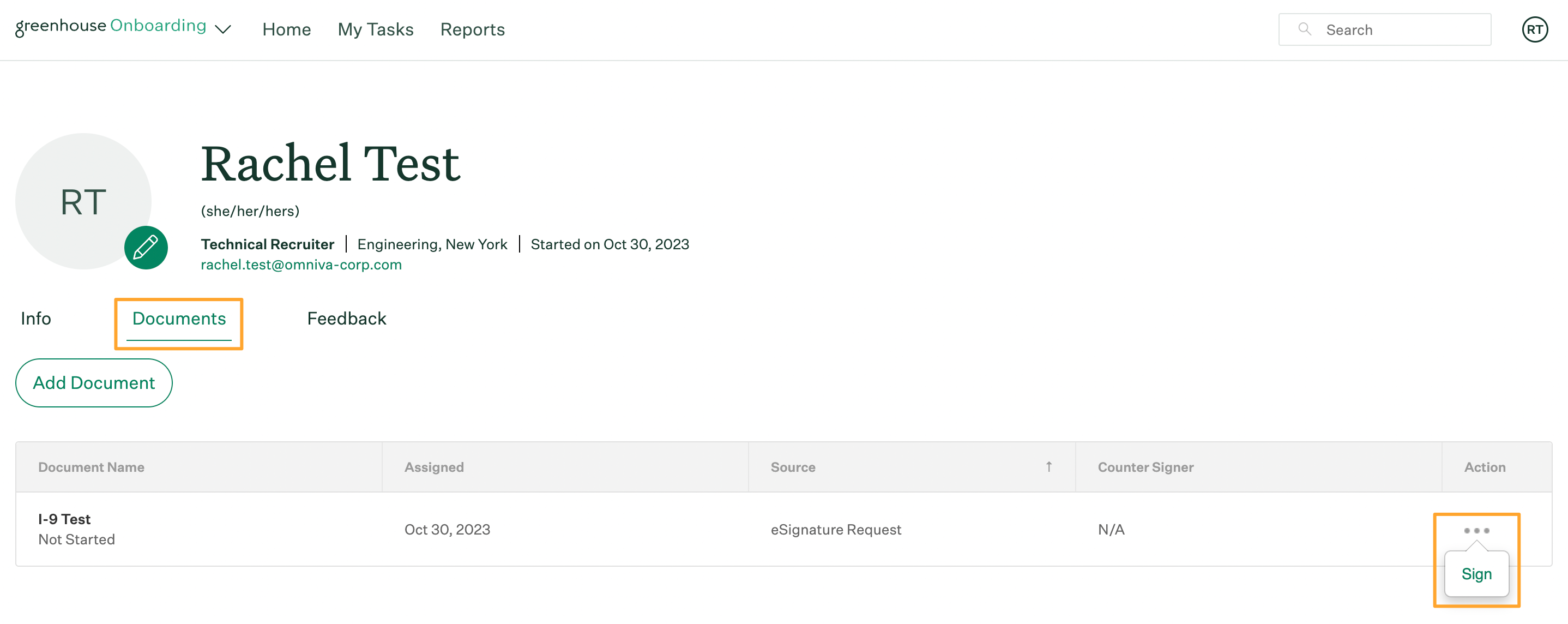 Documents tab in employee profile with Sign button highlighted